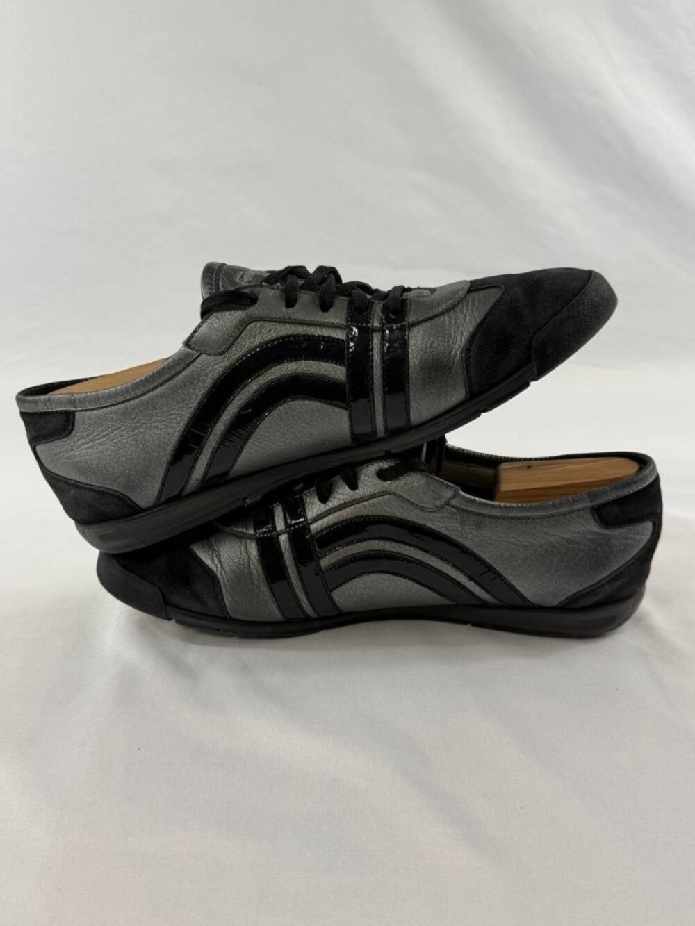 Salvatore Ferragamo Sneakers Shoes Gray Black Leather Size 11 B Italy